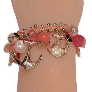 Nautical Charm Bracelet Beaded Woven Band Dangle Charms Orange and Pink Beads